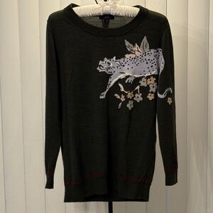 J. Crew Dark Green Tippi Merano Wool Sweater with Leopard Jungle Floral Size L